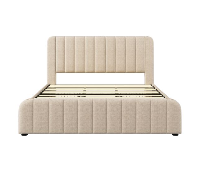 Cama con cajones 180x200 cm en tela de lino - con carga usb y tipo c - decorada con rayas doradas - beige