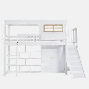 Cama alta em madeira e MDF - 90x200 cm - com prateleiras, roupeiro e escorrega - Branco