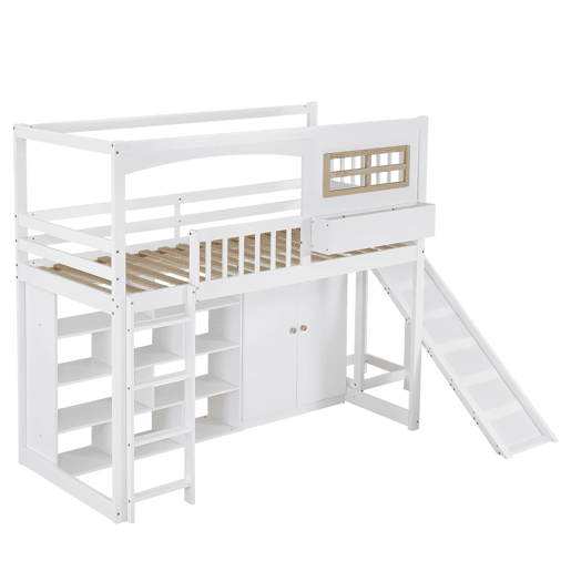Cama alta em madeira e MDF - 90x200 cm - com prateleiras, roupeiro e escorrega - Branco