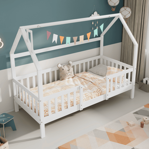 Cama de casa de campo em madeira - 90x200 cm - com base de ripas - Branco