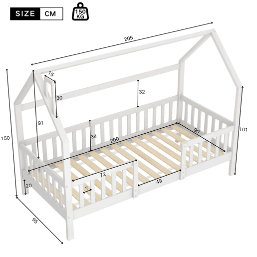 Cama de casa de campo em madeira - 90x200 cm - com base de ripas - Branco