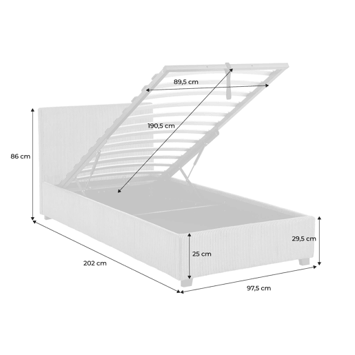 Cama com base de ripas e cabeceira 90cm, veludo canelado fino, Avalon, Branco, 202x97.5x86 cm