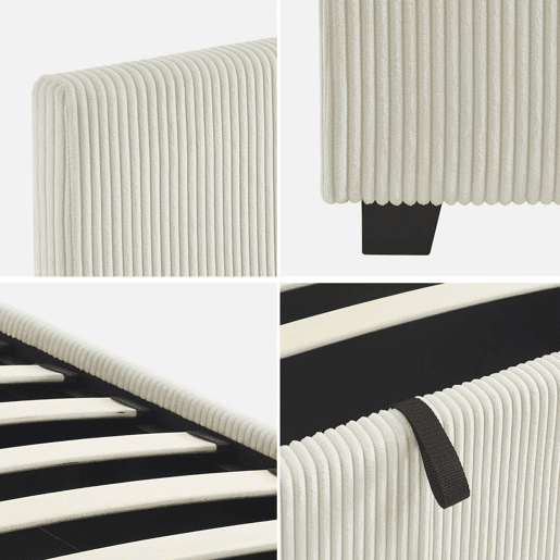 Cama com base de ripas e cabeceira 90cm, veludo canelado fino, Avalon, Branco, 202x97.5x86 cm