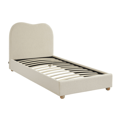 Cama com estrado de ripas e cabeceira, branca em boucle, Aaron, Branco, 204x98x96.5 cm