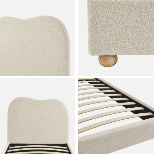 Cama com estrado de ripas e cabeceira, branca em boucle, Aaron, Branco, 204x98x96.5 cm