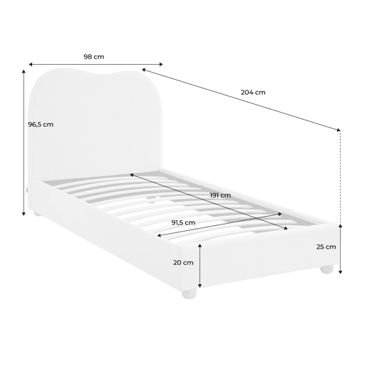 Cama com estrado de ripas e cabeceira, branca em boucle, Aaron, Branco, 204x98x96.5 cm