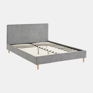 Cama com base de ripas e cabeceira 140cm, em veludo canelada fino, Marlon, Cinza, 202x148x89 cm