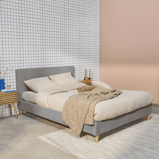 Cama com base de ripas e cabeceira 140cm, em veludo canelada fino, Marlon, Cinza, 202x148x89 cm