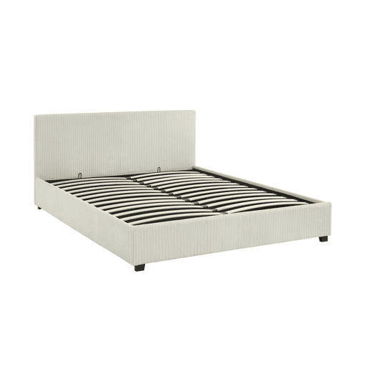 Cama de peito com estrado de ripas, cabeceira em veludo cotelê de 160x200cm (costela grande), Avalon, Branco, 211x168x86 cm