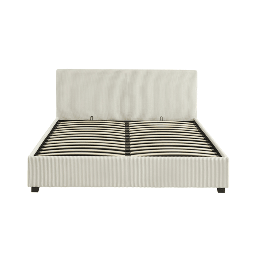 Cama de peito com estrado de ripas, cabeceira em veludo cotelê de 160x200cm (costela grande), Avalon, Branco, 211x168x86 cm