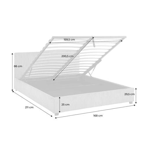 Cama de peito com estrado de ripas, cabeceira em veludo cotelê de 160x200cm (costela grande), Avalon, Branco, 211x168x86 cm