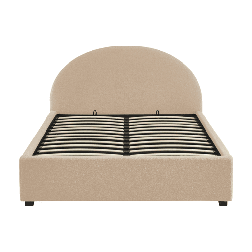 Cama com base de ripas e cabeceira 140cm, acabamento boucle, Cameron, Nude, 206x153.5x102 cm