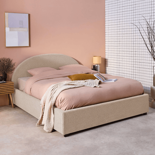 Cama com base de ripas e cabeceira 140cm, acabamento boucle, Cameron, Nude, 206x153.5x102 cm