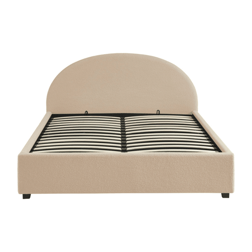 Cama com base de ripas e cabeceira 160cm, acabamento boucle, Cameron, Nudez, 216.5x174x102 cm
