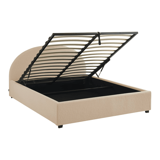 Cama com base de ripas e cabeceira 160cm, acabamento boucle, Cameron, Nudez, 216.5x174x102 cm