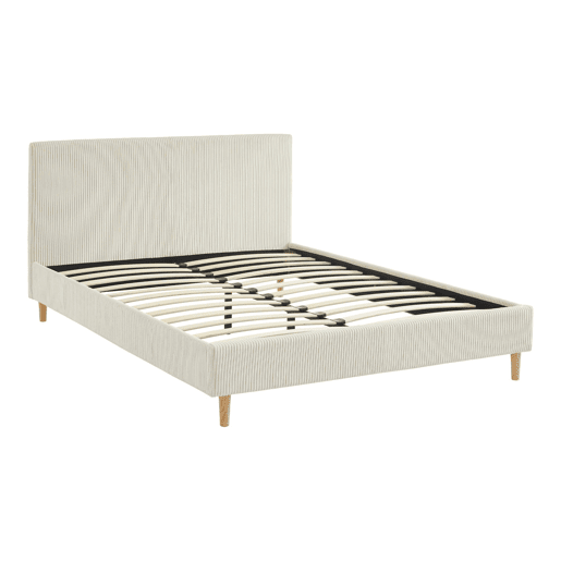 Cama com base de ripas e cabeceira 140cm, em veludo canelada fino, Marlon, Branco, 202x148x89 cm