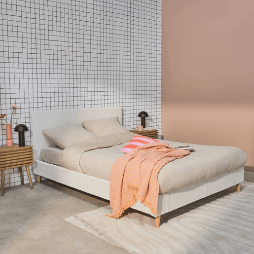 Cama com base de ripas e cabeceira 140cm, em veludo canelada fino, Marlon, Branco, 202x148x89 cm