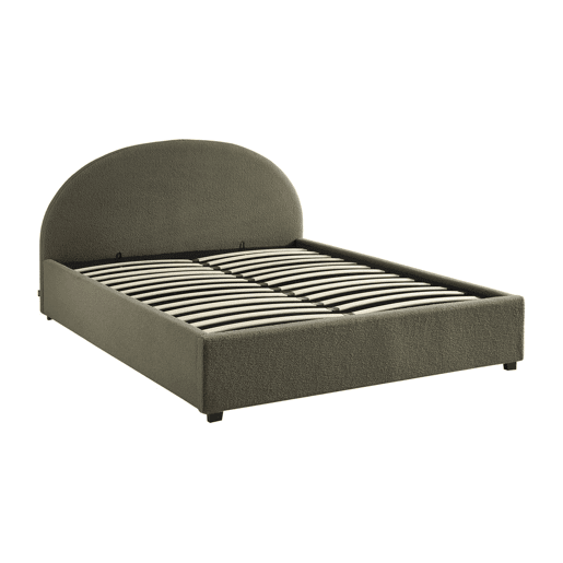 Cama com base de ripas e cabeceira 160cm, acabamento boucle, Cameron, Verde caqui, 216.5x174x102 cm