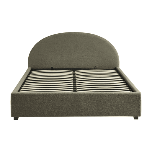 Cama com base de ripas e cabeceira 160cm, acabamento boucle, Cameron, Verde caqui, 216.5x174x102 cm