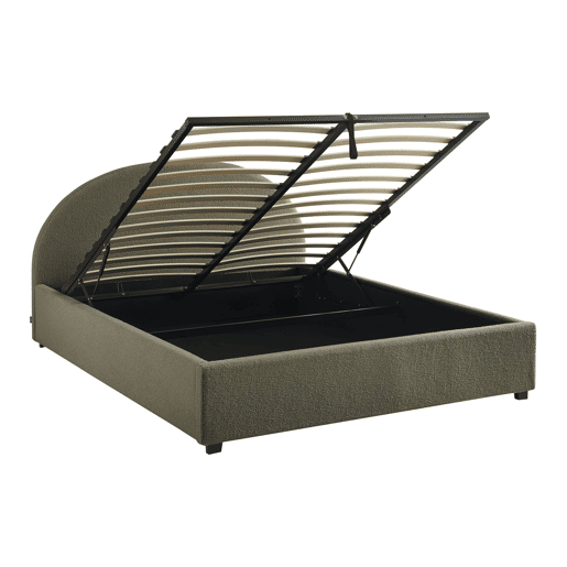 Cama com base de ripas e cabeceira 160cm, acabamento boucle, Cameron, Verde caqui, 216.5x174x102 cm