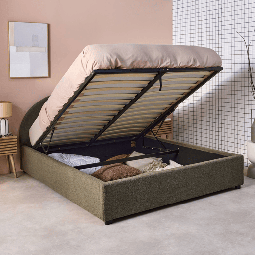 Cama com base de ripas e cabeceira 160cm, acabamento boucle, Cameron, Verde caqui, 216.5x174x102 cm
