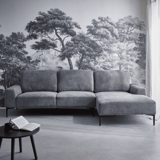 Sofá de 3 lugares em tecido e metal, canto direito, Atlanta, Cinza escuro, 134x260x84 cm