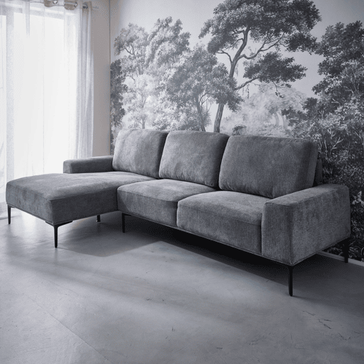 Sofá de 3 lugares em tecido e metal, canto esquerdo, Atlanta, Cinza escuro, 134x260x84 cm