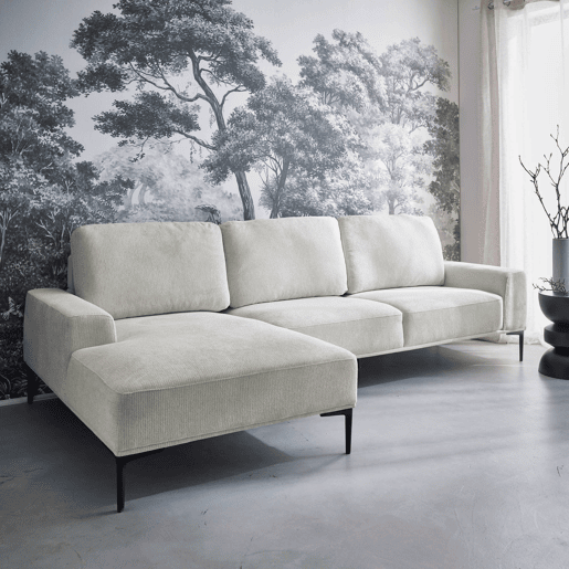 Sofá de 3 lugares em tecido e metal, canto esquerdo, Atlanta, Creme, 134x260x84 cm