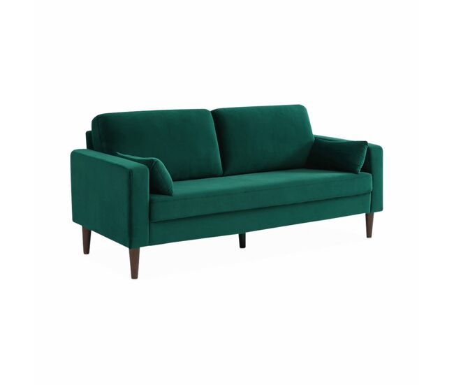 Sofá de terciopelo con patas de madera de hevea, 3 plazas verde ingles - 180x82x70 cm