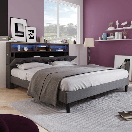 Cama de casal estofada em linho 140x200 cm com LED e espaço de arrumação - estrado de ripas - Cinzento