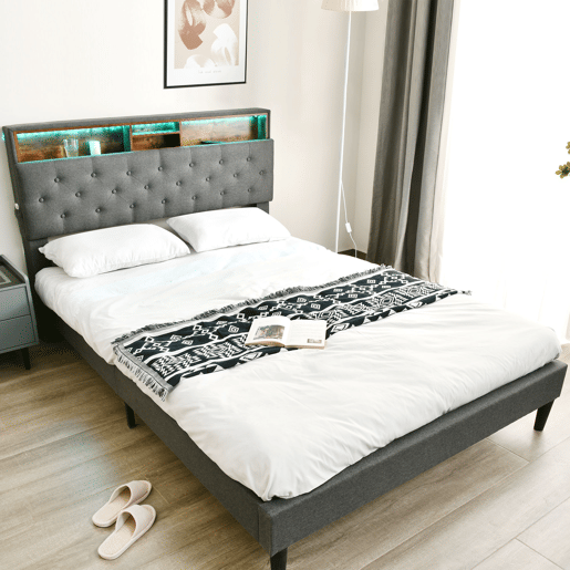Cama de casal estofada em linho 140x200 cm com LED e espaço de arrumação - estrado de ripas - Cinzento