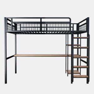 Cama alta metálica 140x200 cm - com secretária e escada de segurança - Preto