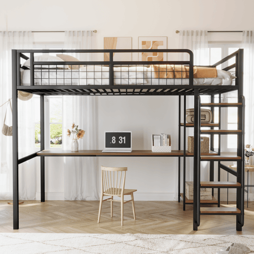 Cama alta metálica 140x200 cm - com secretária e escada de segurança - Preto