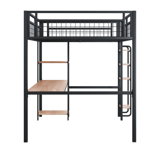 Cama alta metálica 140x200 cm - com secretária e escada de segurança - Preto