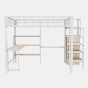 Cama alta 140x200 cm - estrutura em ferro - com secretária e prateleiras - Branco
