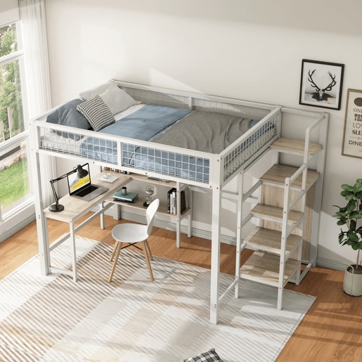 Cama alta 140x200 cm - estrutura em ferro - com secretária e prateleiras - Branco