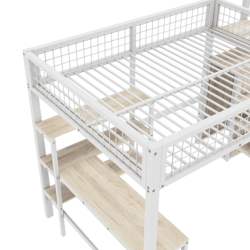Cama alta 140x200 cm - estrutura em ferro - com secretária e prateleiras - Branco