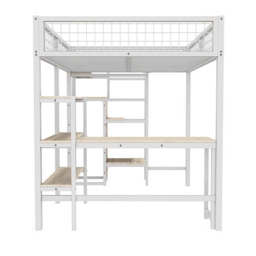 Cama alta 140x200 cm - estrutura em ferro - com secretária e prateleiras - Branco