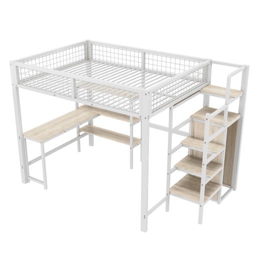 Cama alta 140x200 cm - estrutura em ferro - com secretária e prateleiras - Branco
