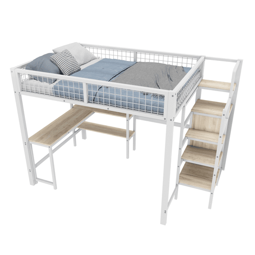 Cama alta 140x200 cm - estrutura em ferro - com secretária e prateleiras - Branco