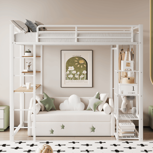 Cama mezzanine metálica 90x200 cm - com mesa e prateleiras - Branco