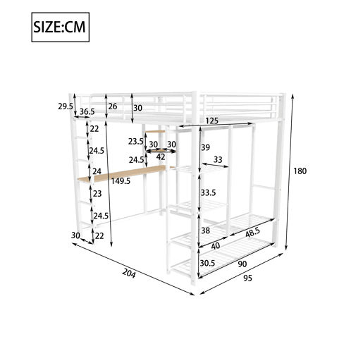Cama mezzanine metálica 90x200 cm - com mesa e prateleiras - Branco