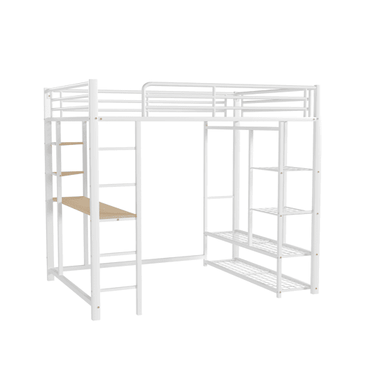 Cama mezzanine metálica 90x200 cm - com mesa e prateleiras - Branco