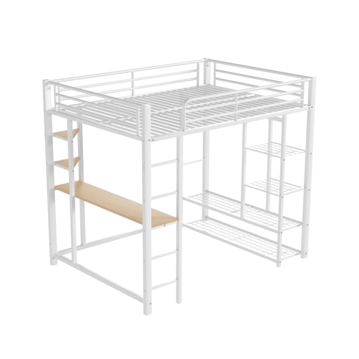 Cama mezzanine metálica 90x200 cm - com mesa e prateleiras - Branco