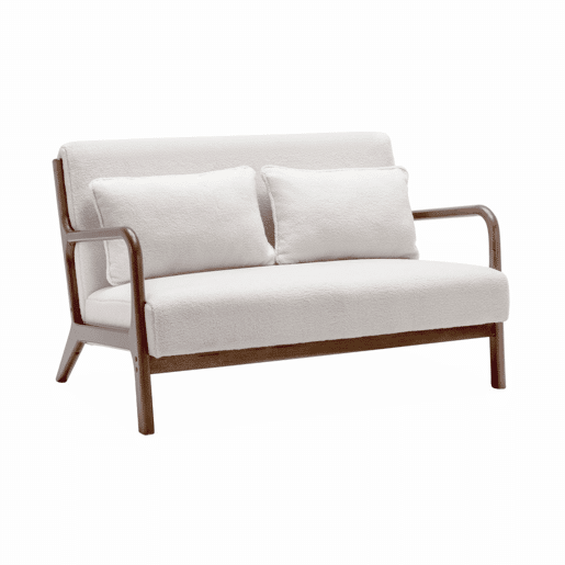 Banco escandinavo de 2 lugares em madeira e tecido boucle, Lorens boucle, Creme, 124x83x77 cm