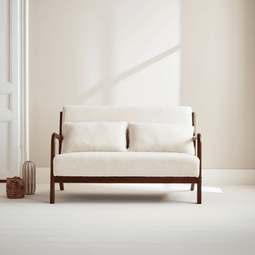 Banco escandinavo de 2 lugares em madeira e tecido boucle, Lorens boucle, Creme, 124x83x77 cm