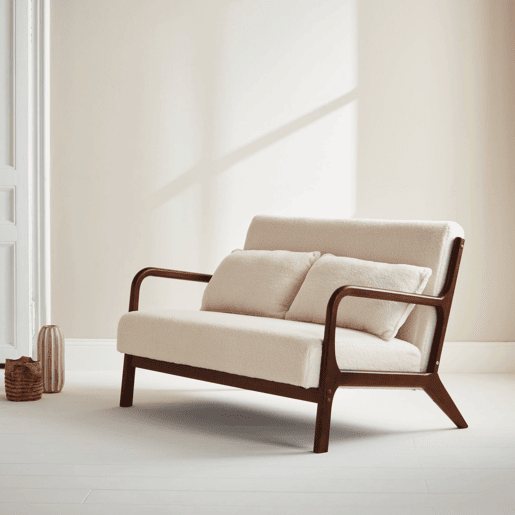 Banco escandinavo de 2 lugares em madeira e tecido boucle, Lorens boucle, Creme, 124x83x77 cm