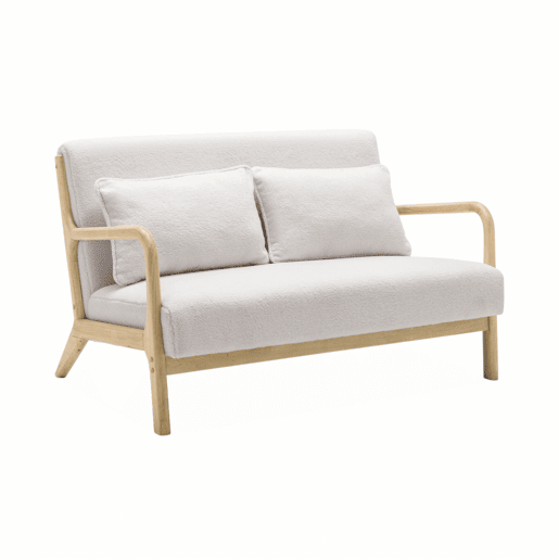 Banco escandinavo de 2 lugares em madeira e tecido boucle, Lorens boucle, Creme, 124x83x77 cm