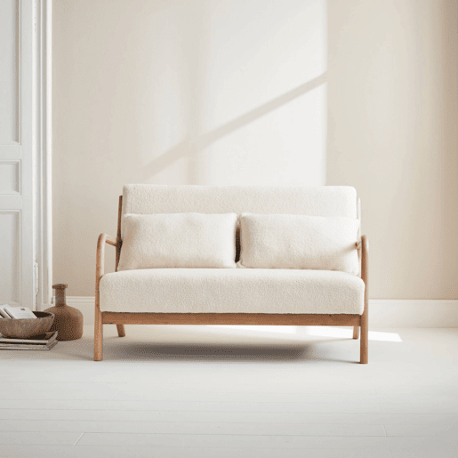 Banco escandinavo de 2 lugares em madeira e tecido boucle, Lorens boucle, Creme, 124x83x77 cm
