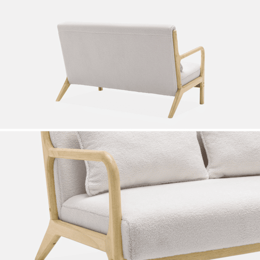 Banco escandinavo de 2 lugares em madeira e tecido boucle, Lorens boucle, Creme, 124x83x77 cm